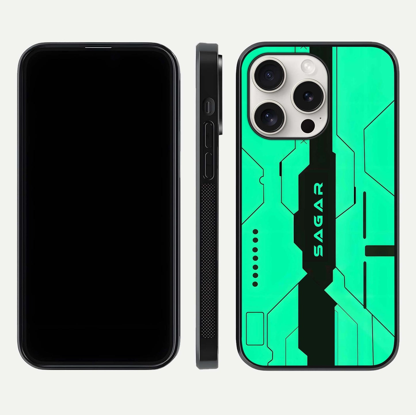 Aqua Tech CYBERPUNK Custom Name Glass Case for iPhone 15 Pro Max front and back display showing sleek tech pattern and shine