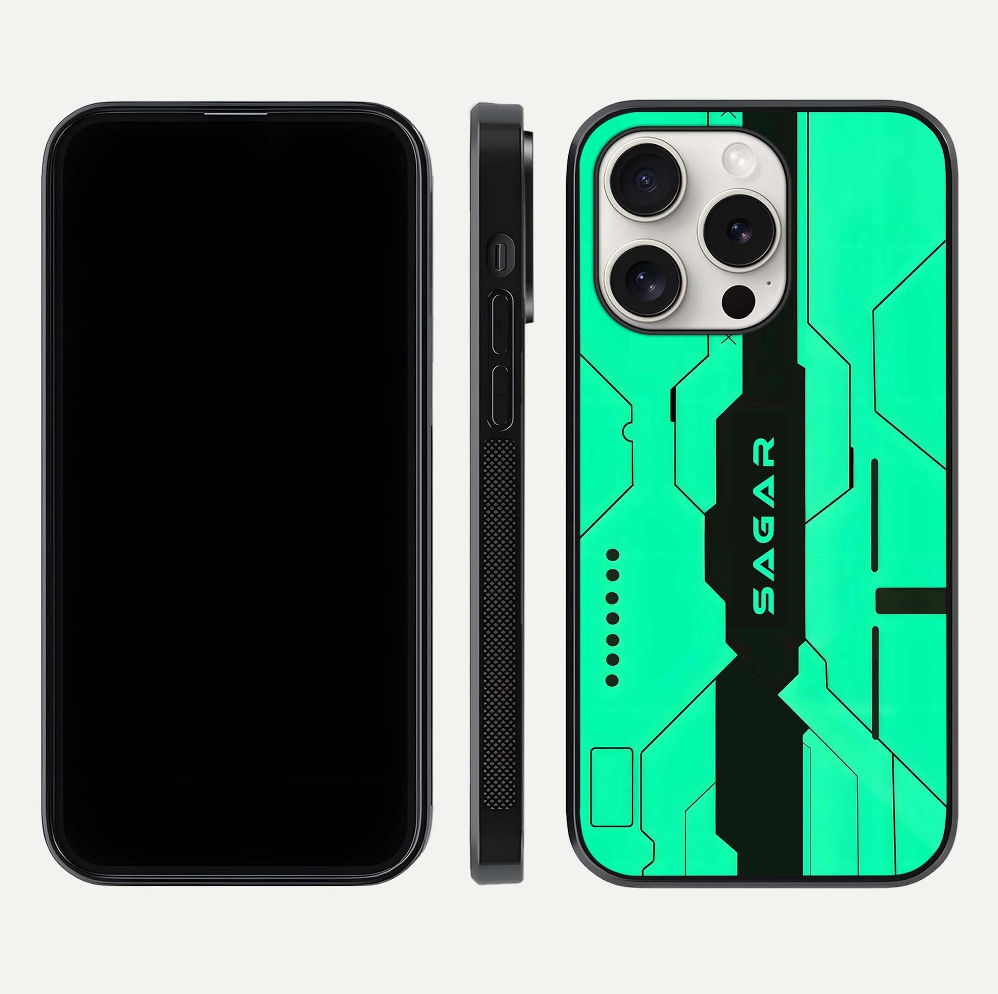 Aqua Tech CYBERPUNK Custom Name Glass Case for iPhone 15 Pro Max front and back display showing sleek tech pattern and shine