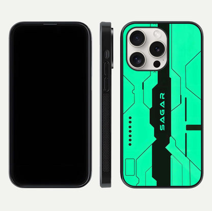 Aqua Tech CYBERPUNK Custom Name Glass Case for iPhone 15 Pro Max front and back display showing sleek tech pattern and shine