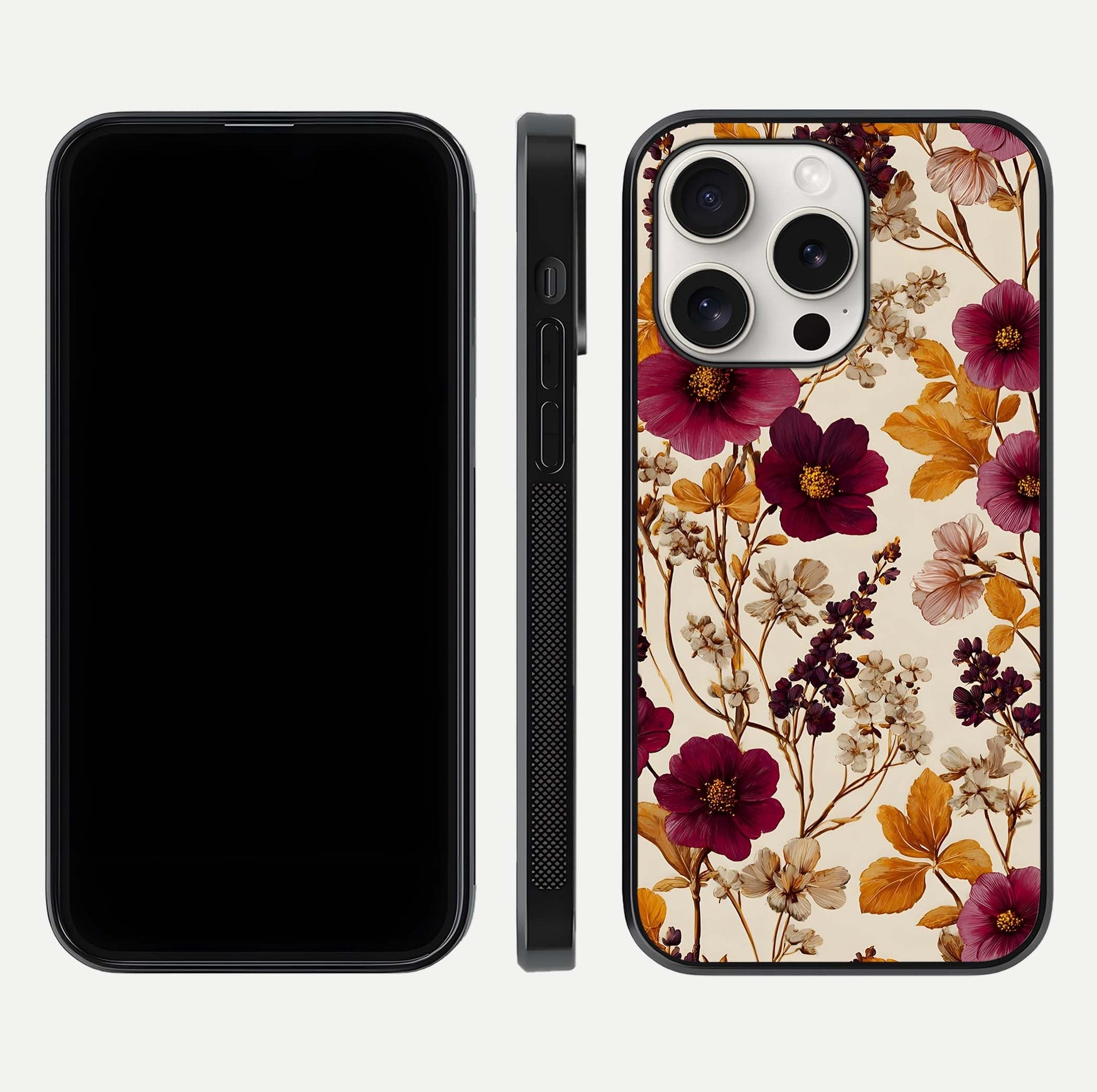 Autumn Wine Bloom Glass Case for iPhone 15 Pro Max front and back layout showing autumn print and HD glass clarity