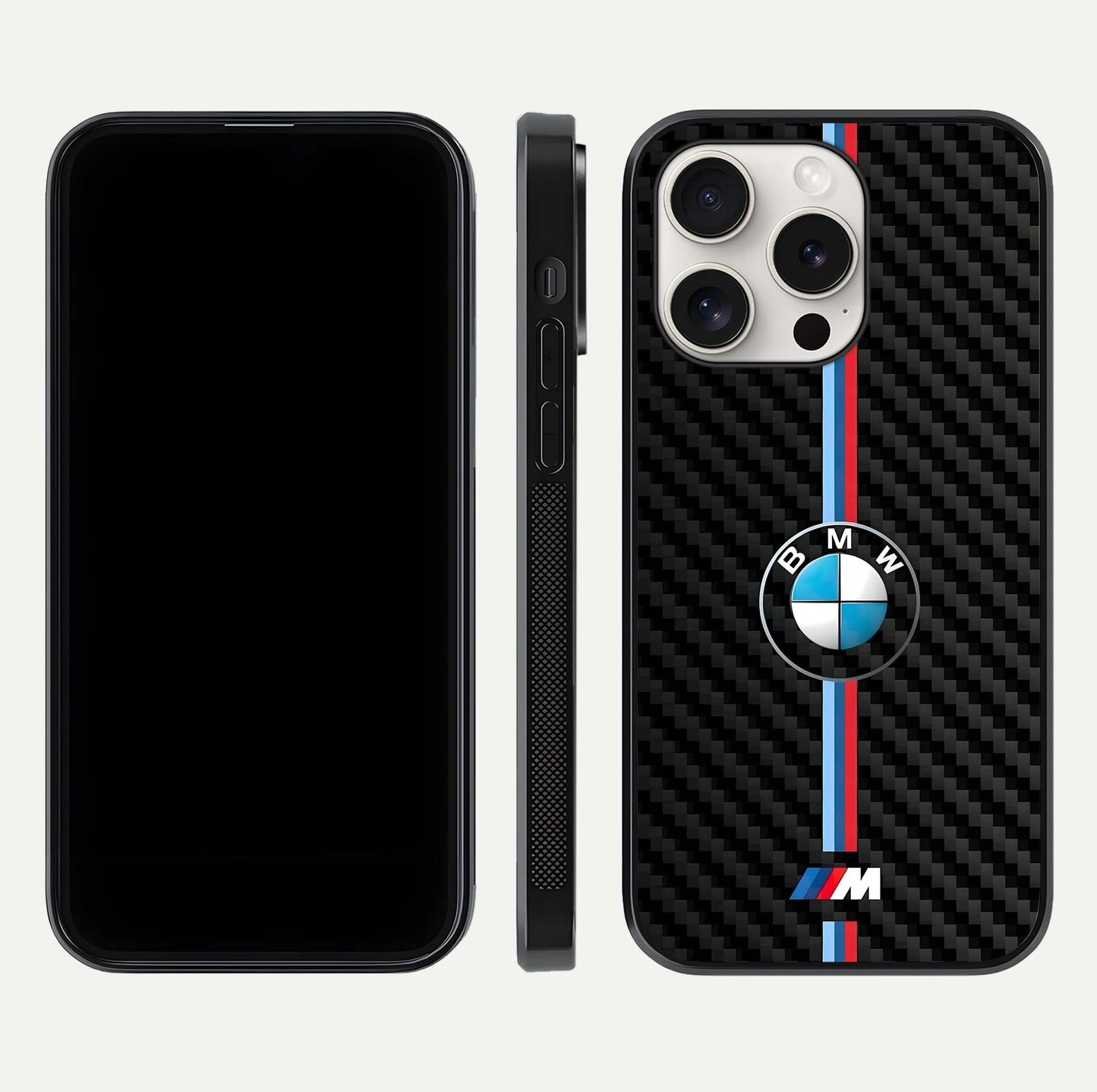 BMW Pattern Glass Case for iPhone 15 Pro Max front-and-back layout displaying car-themed art and premium glass gloss