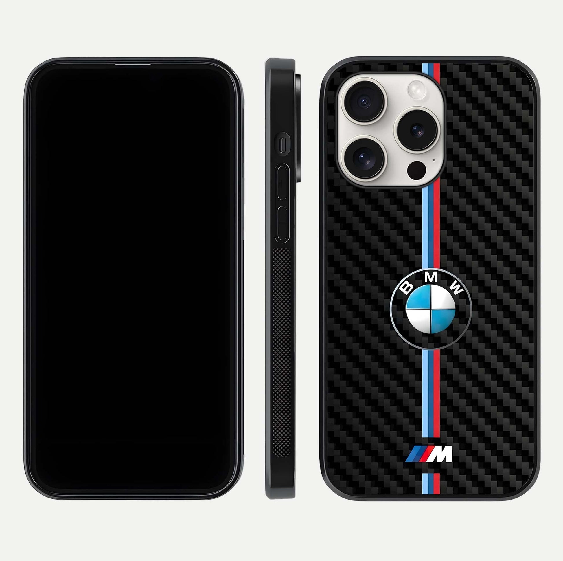 BMW Pattern Glass Case for iPhone 15 Pro Max front-and-back layout displaying car-themed art and premium glass gloss