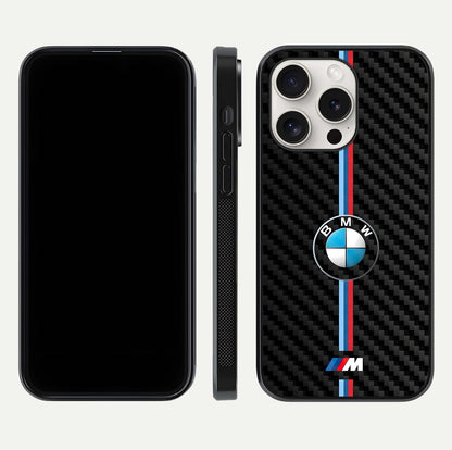 BMW Pattern Glass Case for iPhone 15 Pro Max front-and-back layout displaying car-themed art and premium glass gloss