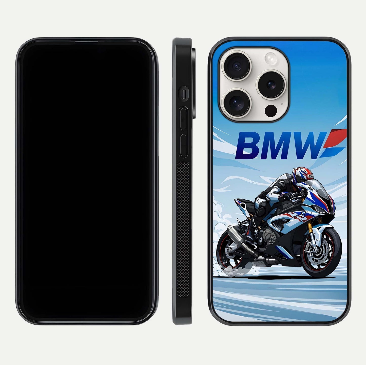 BMW Power Drift Glass Case for iPhone 15 Pro Max dual-view layout showing energy pattern and edge clarity