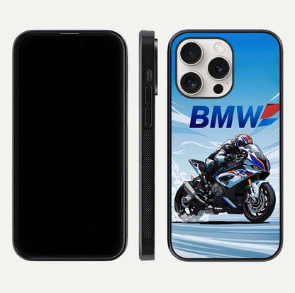 BMW Power Drift Glass Case for iPhone 15 Pro Max dual-view layout showing energy pattern and edge clarity