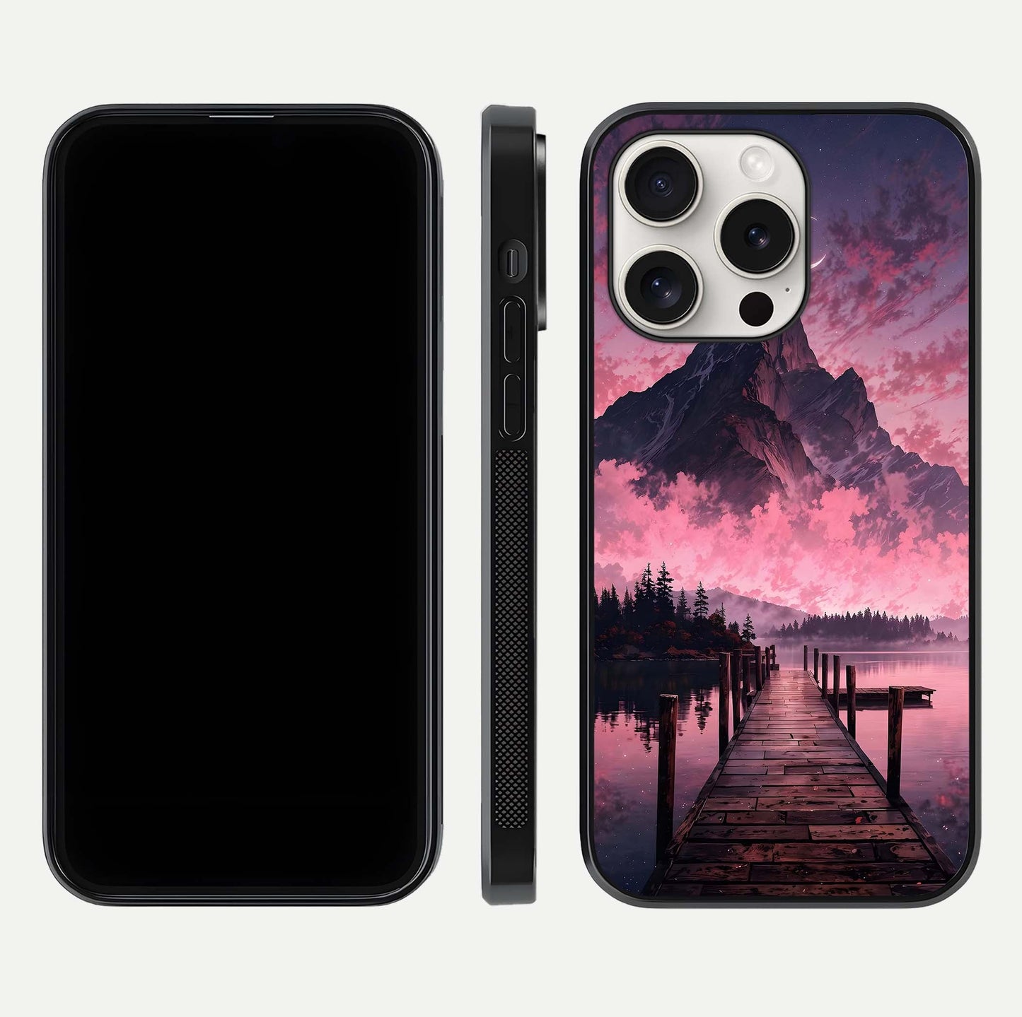 Beautyful Mountain View Glass Case for iPhone 15 Pro Max front and back layout showcasing natural tones and clarity