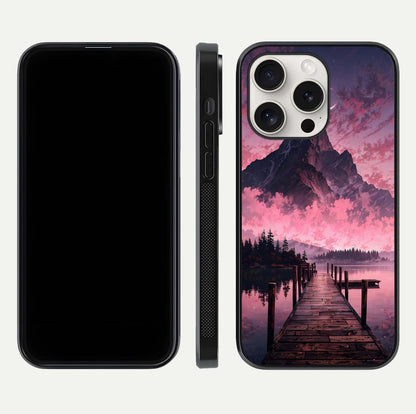 Beautyful Mountain View Glass Case for iPhone 15 Pro Max front and back layout showcasing natural tones and clarity