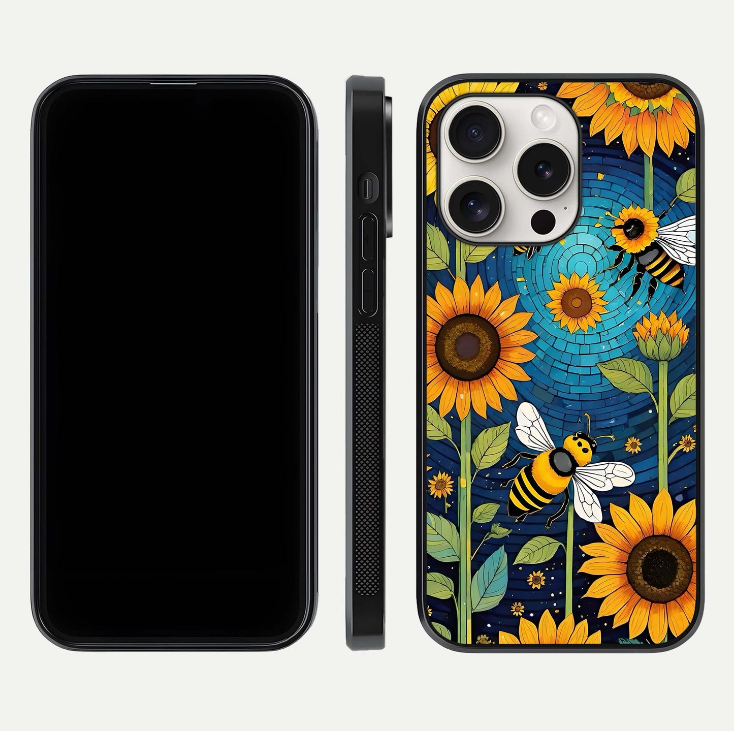 Bees & Sunflowers Glass Case for iPhone 15 Pro Max front-and-back layout highlighting nature-inspired artwork and protective edge