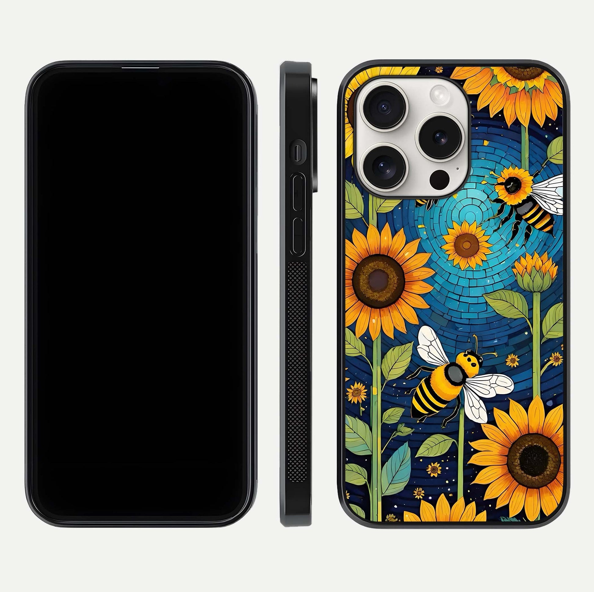 Bees & Sunflowers Glass Case for iPhone 15 Pro Max front-and-back layout highlighting nature-inspired artwork and protective edge