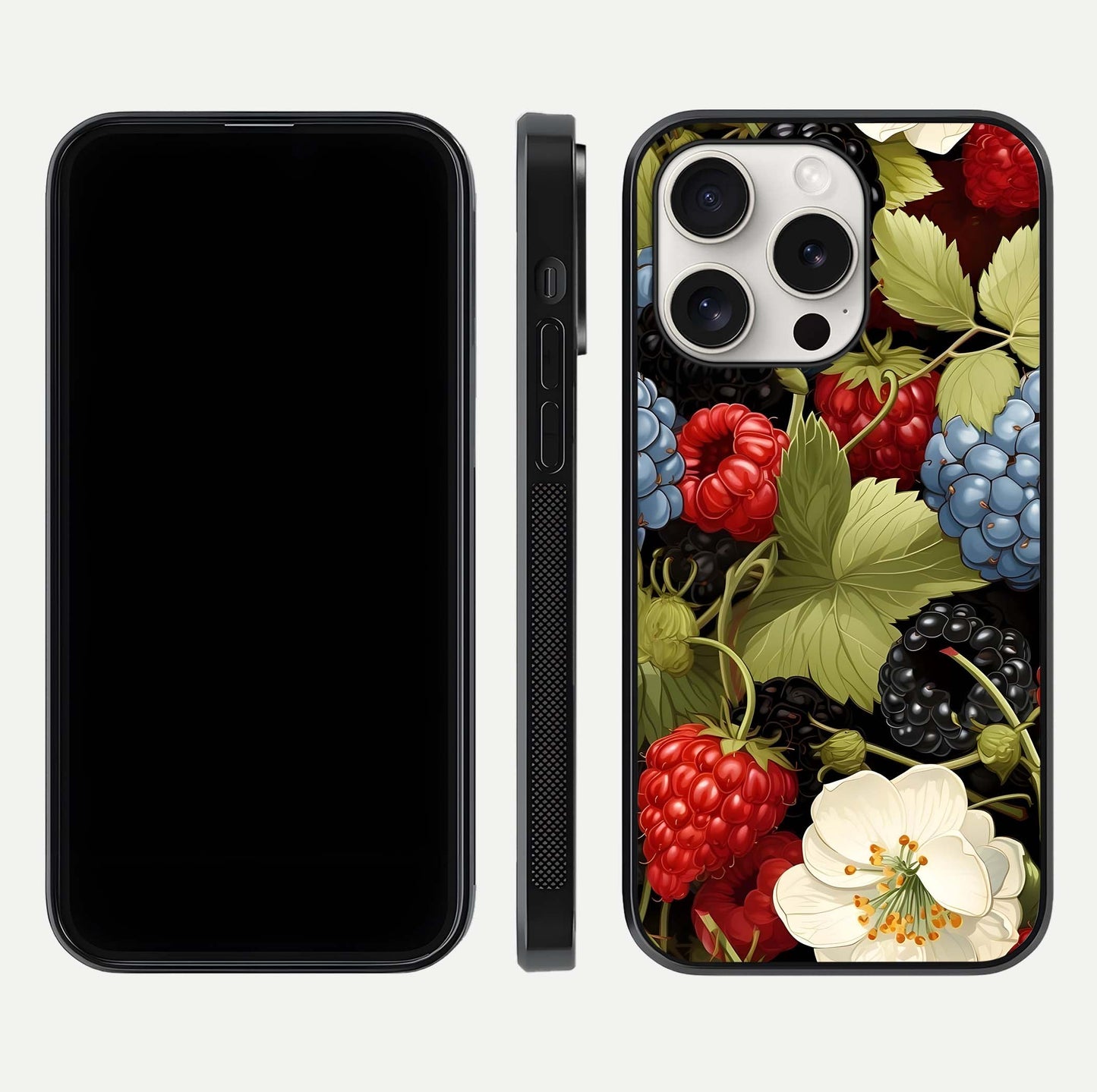 Berry Bloom Charm Glass Case for iPhone 15 Pro Max front-and-back layout showing floral pattern continuity and smooth glass shine