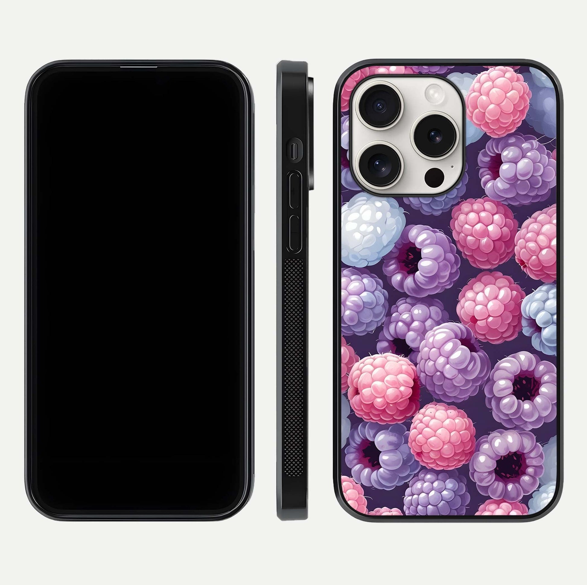 Berry Candy Pop Glass Case for iPhone 15 Pro Max front-and-back layout showing colorful pattern and sleek protective frame