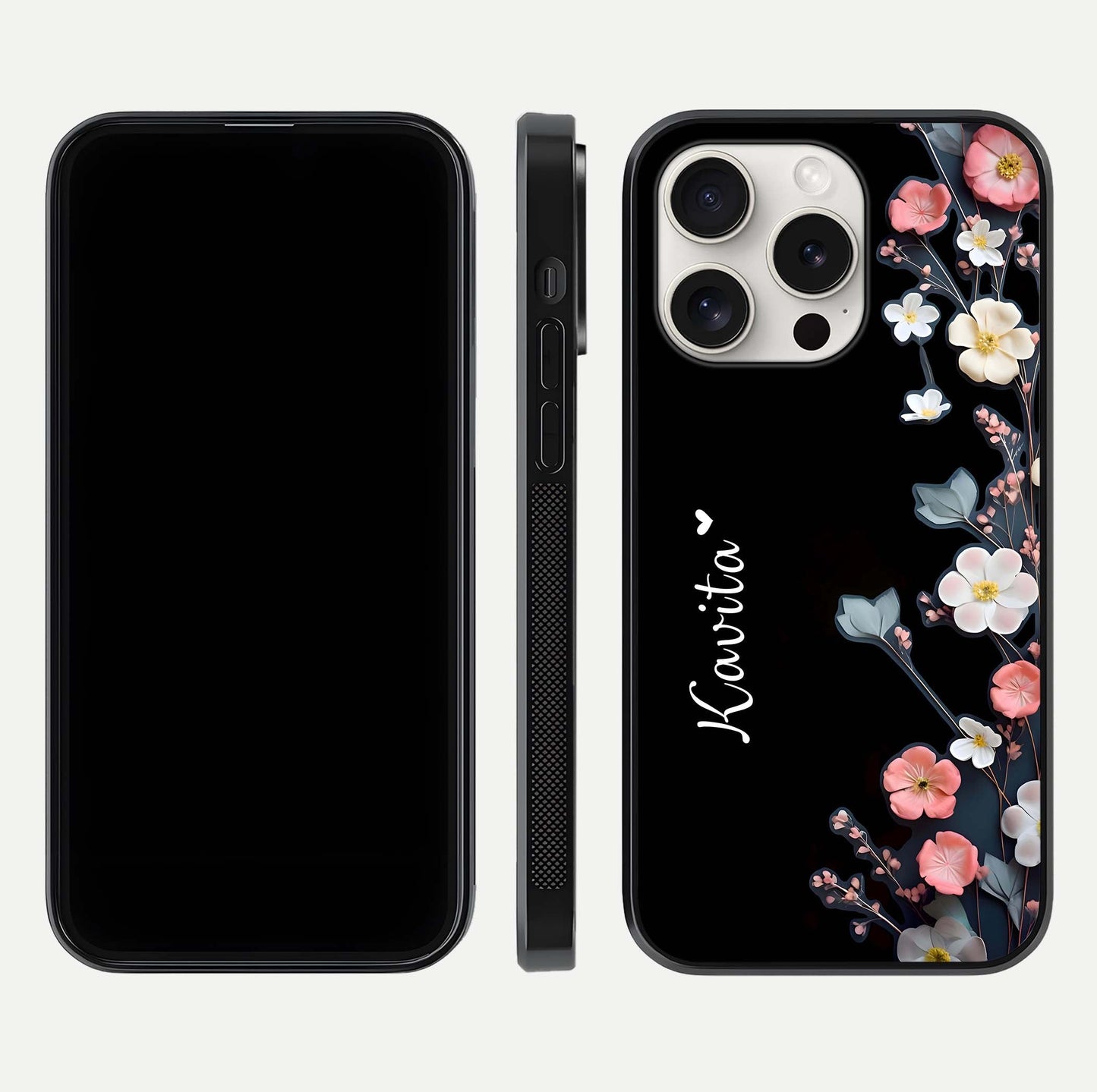 Black Elegance Floral Custom Name Glass Case for iPhone 15 Pro Max dual-view layout displaying name placement and gloss finish