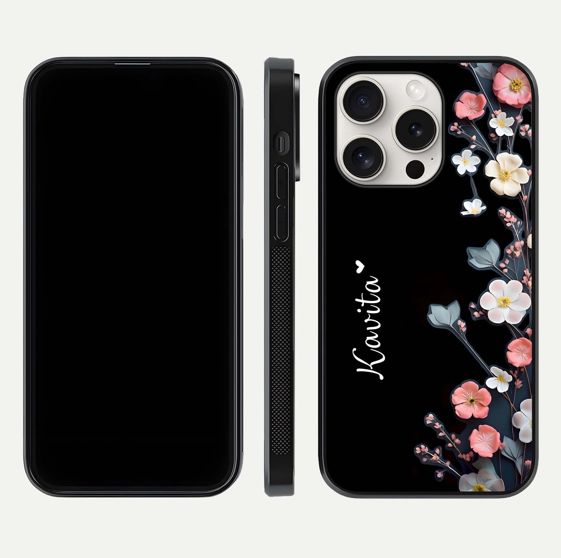 Black Elegance Floral Custom Name Glass Case for iPhone 15 Pro Max dual-view layout displaying name placement and gloss finish