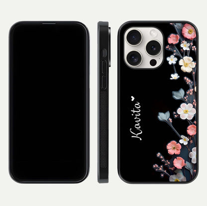 Black Elegance Floral Custom Name Glass Case for iPhone 15 Pro Max dual-view layout displaying name placement and gloss finish
