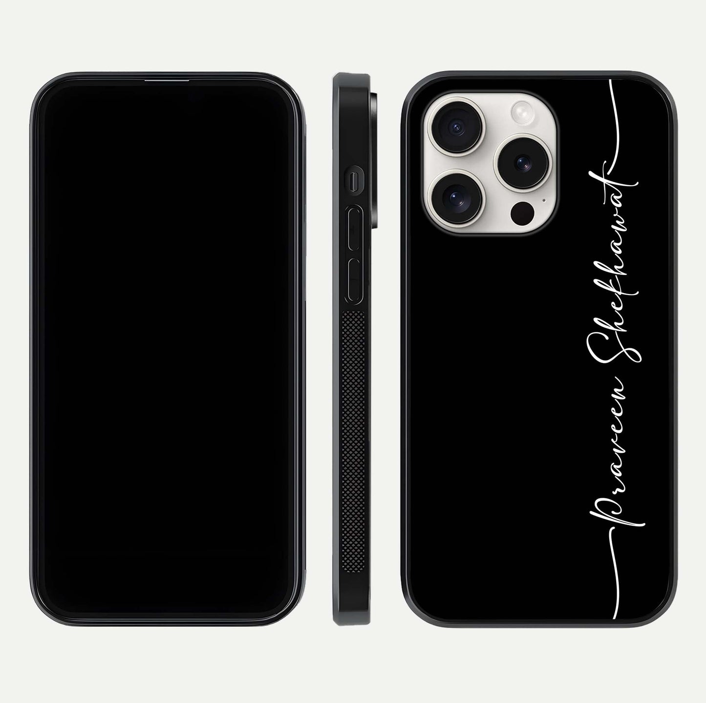 Black Tune Custom Name Glass Case for iPhone 15 Pro Max front-and-back layout showing personalized name zone and edges