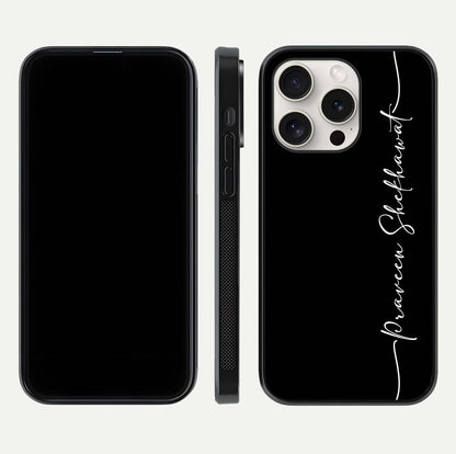 Black Tune Custom Name Glass Case for iPhone 15 Pro Max front-and-back layout showing personalized name zone and edges
