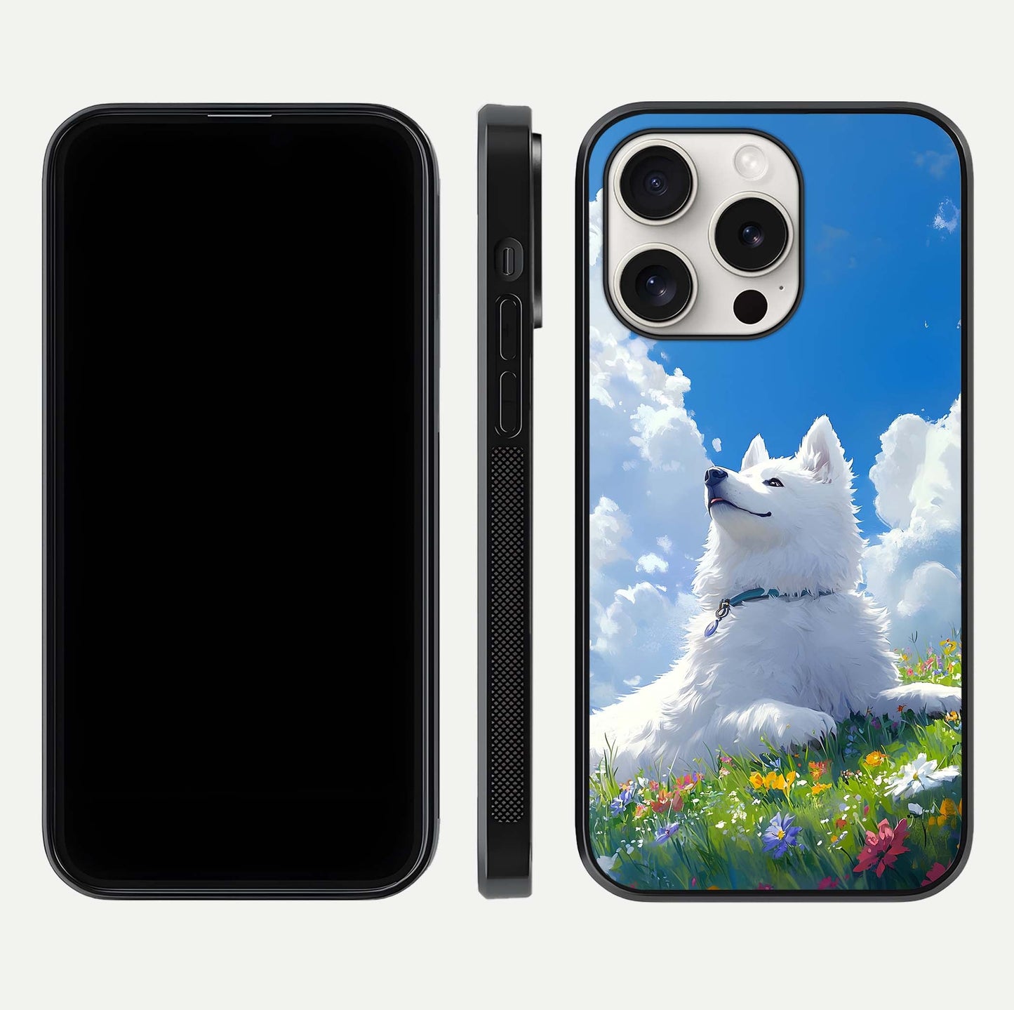 Blissful Cloud Pup Glass Case for iPhone 15 Pro Max front-and-back layout showing art alignment and edge design