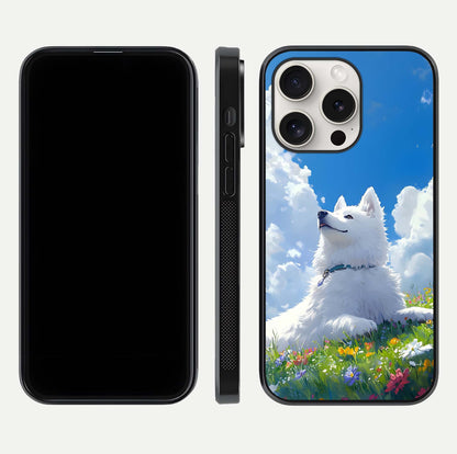 Blissful Cloud Pup Glass Case for iPhone 15 Pro Max front-and-back layout showing art alignment and edge design