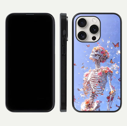 Bloom Beyond Bones Glass Case for iPhone 15 Pro Max dual-view layout showing creative aesthetic and edge design
