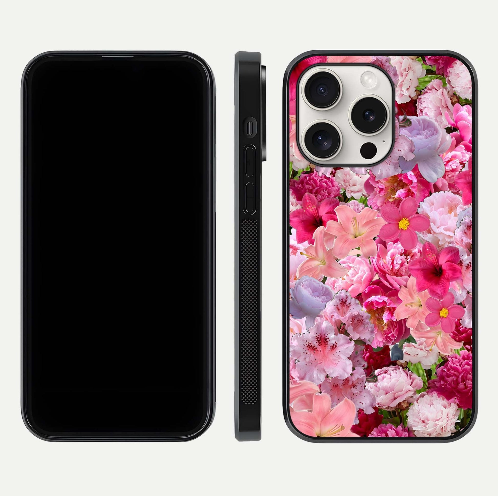 Bloom Crush Fantasy Glass Case for iPhone 15 Pro Max dual-view layout highlighting edges and premium shine