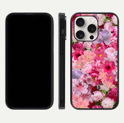 Bloom Crush Fantasy Glass Case for iPhone 15 Pro Max dual-view layout highlighting edges and premium shine