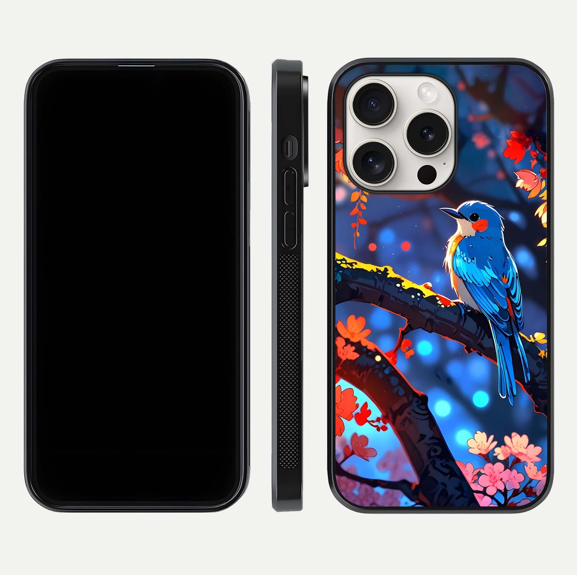 Blooming Spendor Bird Glass Case for iPhone 15 Pro Max front-and-back view showing nature print and protective edge