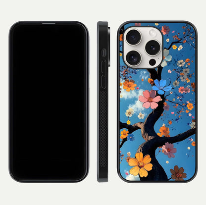Blossom Dream Sky Glass Case for iPhone 15 Pro Max front-and-back layout showing floral print and premium edge gloss