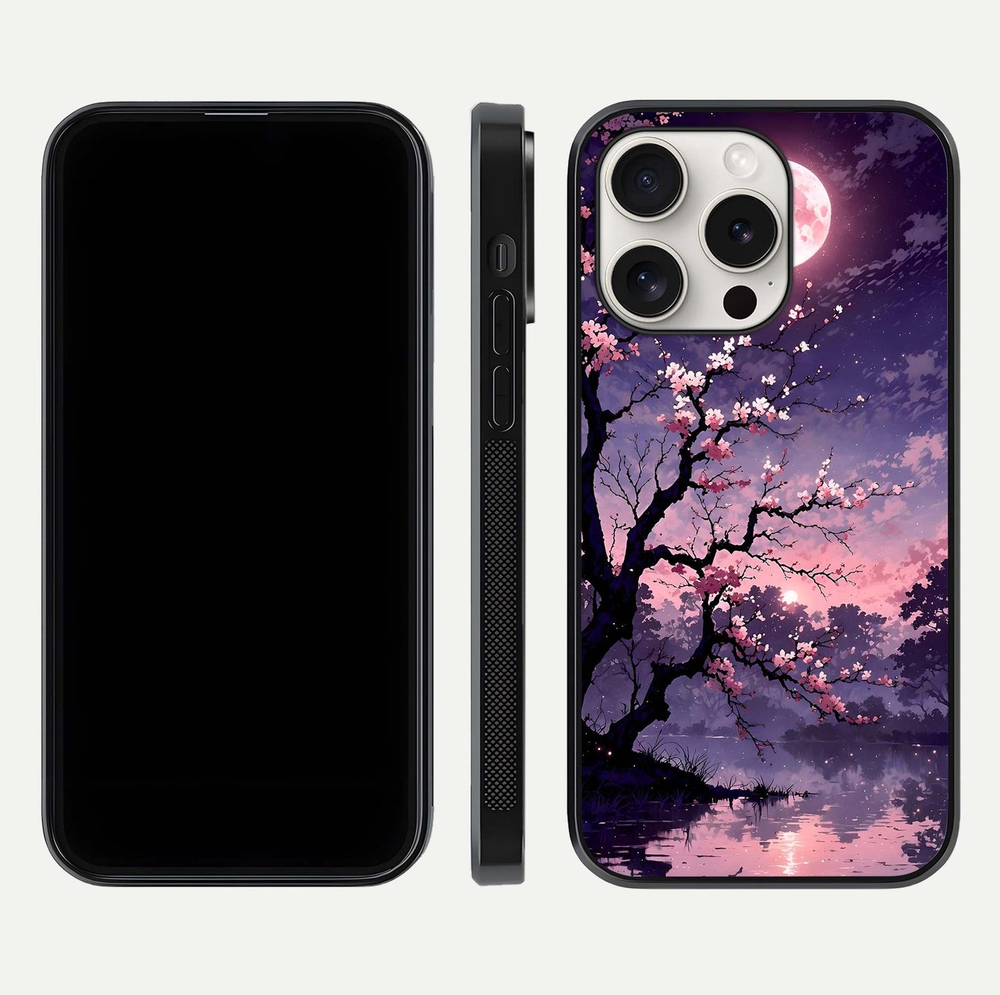 Blossom Pink Moon Glass Case for iPhone 15 Pro Max front-and-back layout showing minimal edges and artistic flower print