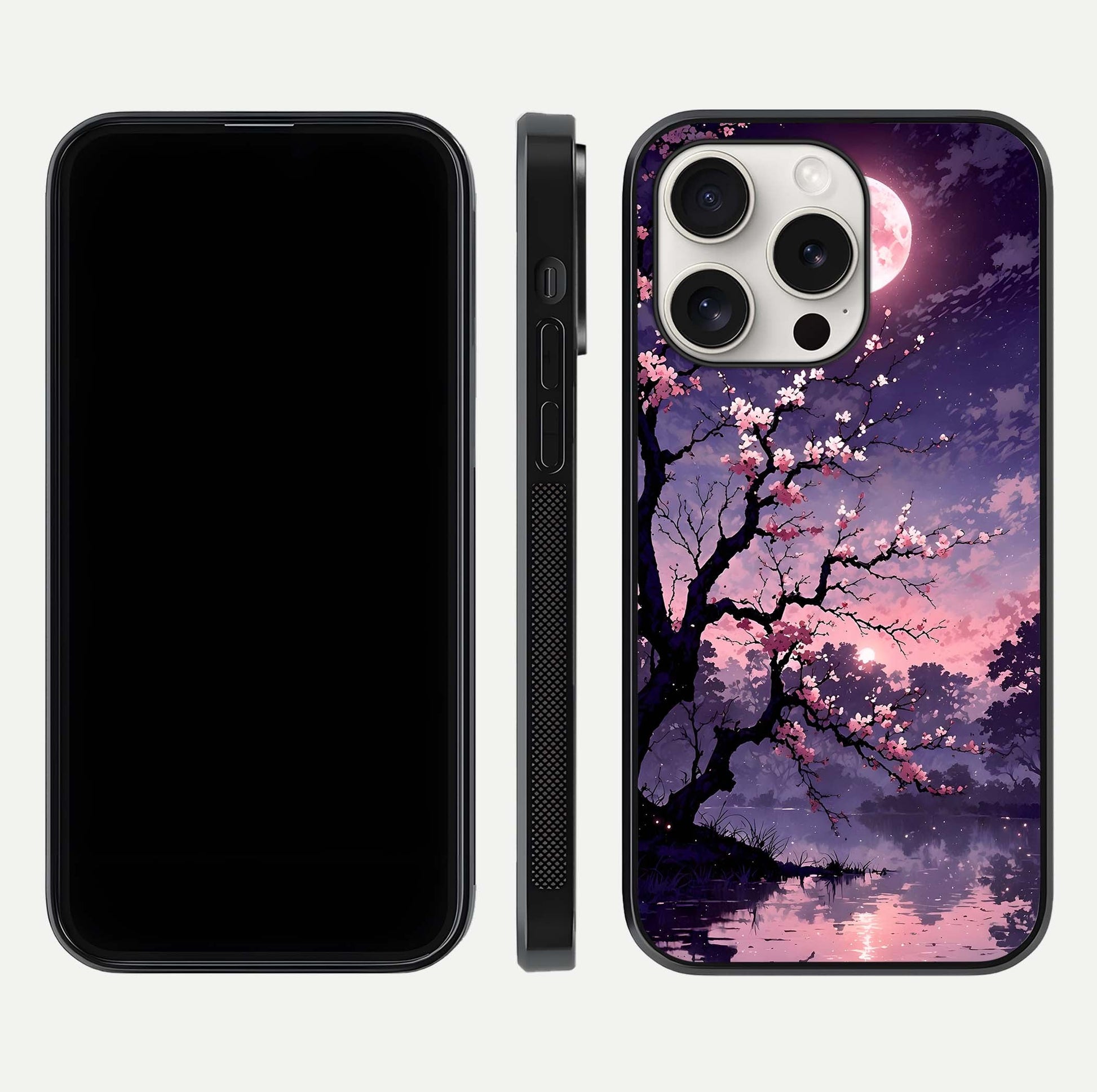 Blossom Pink Moon Glass Case for iPhone 15 Pro Max front-and-back layout showing minimal edges and artistic flower print