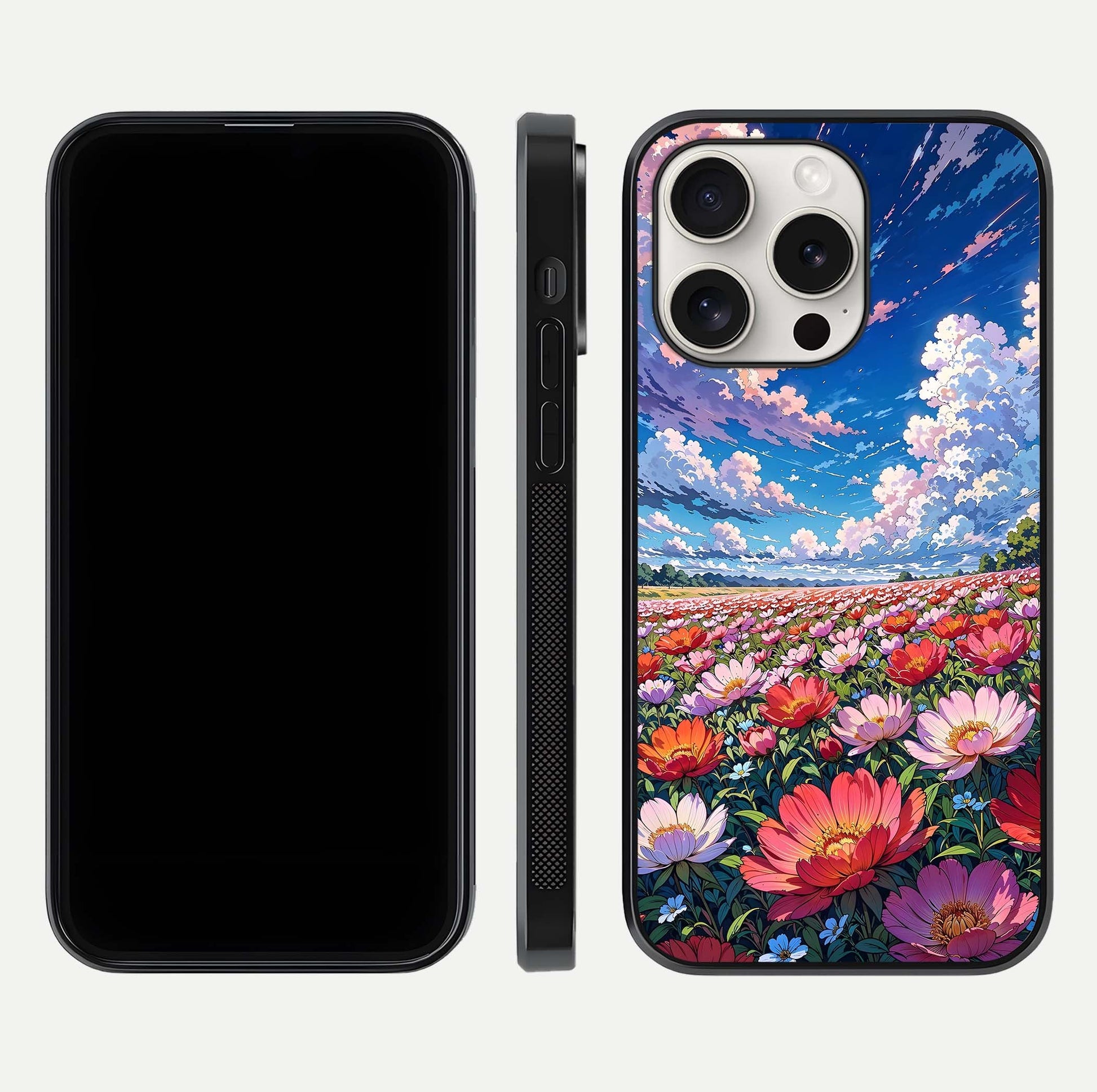 Blossom Sky Field Glass Case for iPhone 15 Pro Max front-and-back layout highlighting design edges and gloss clarity