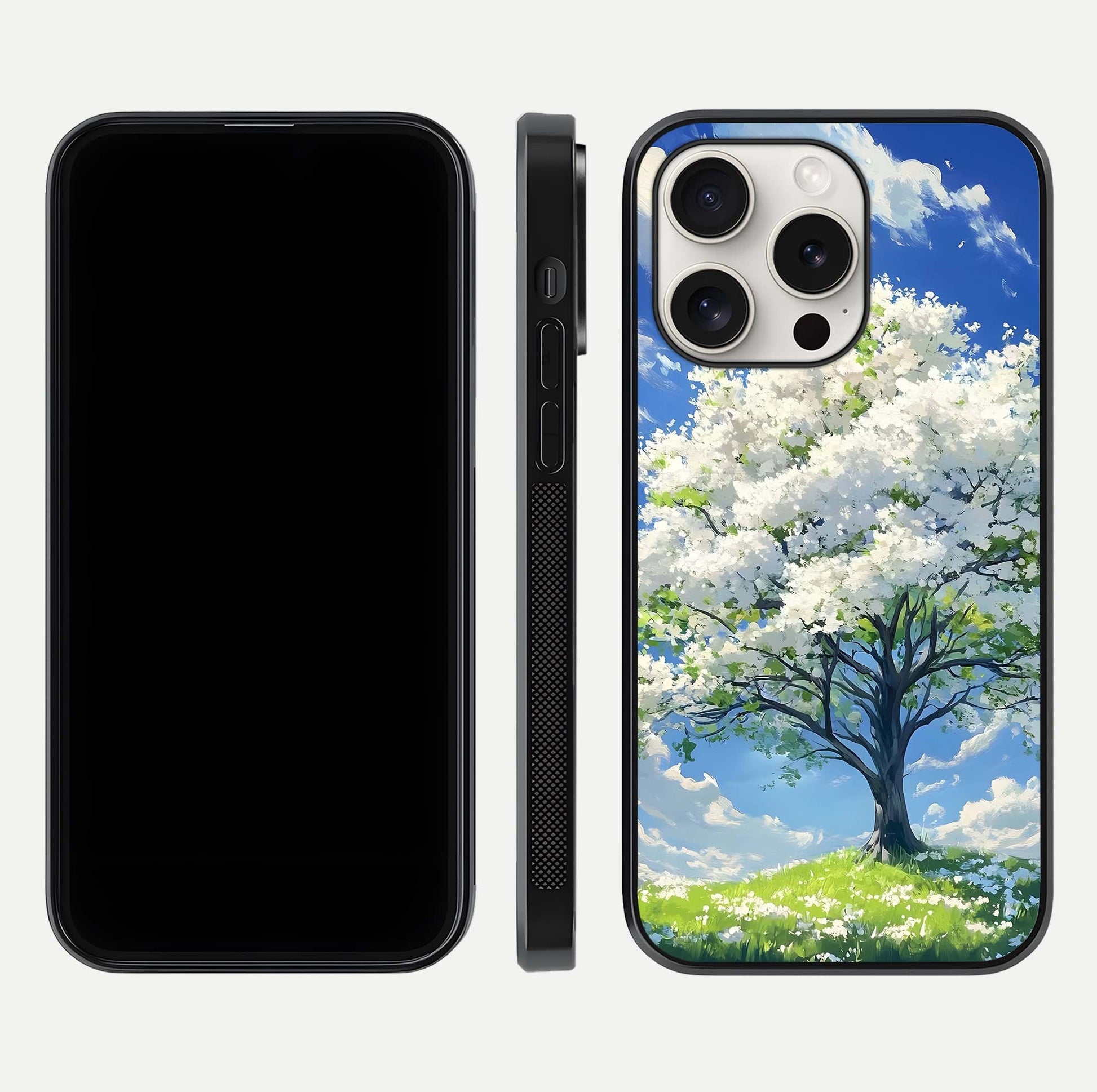 Blossom Sky Serenity Glass Case for iPhone 15 Pro Max dual-view layout showing pastel hues and soft protective edges