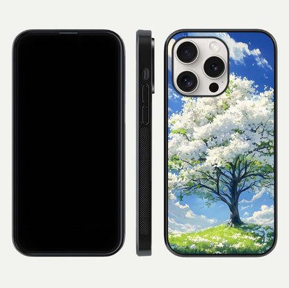 Blossom Sky Serenity Glass Case for iPhone 15 Pro Max dual-view layout showing pastel hues and soft protective edges