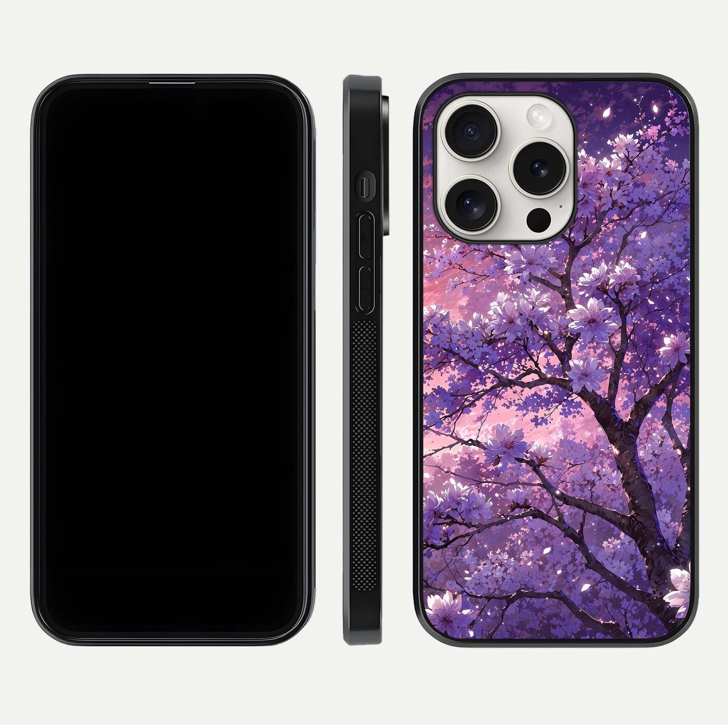 Blossom Tree Glass Case for iPhone 15 Pro Max front-and-back layout showing art alignment and gloss reflection