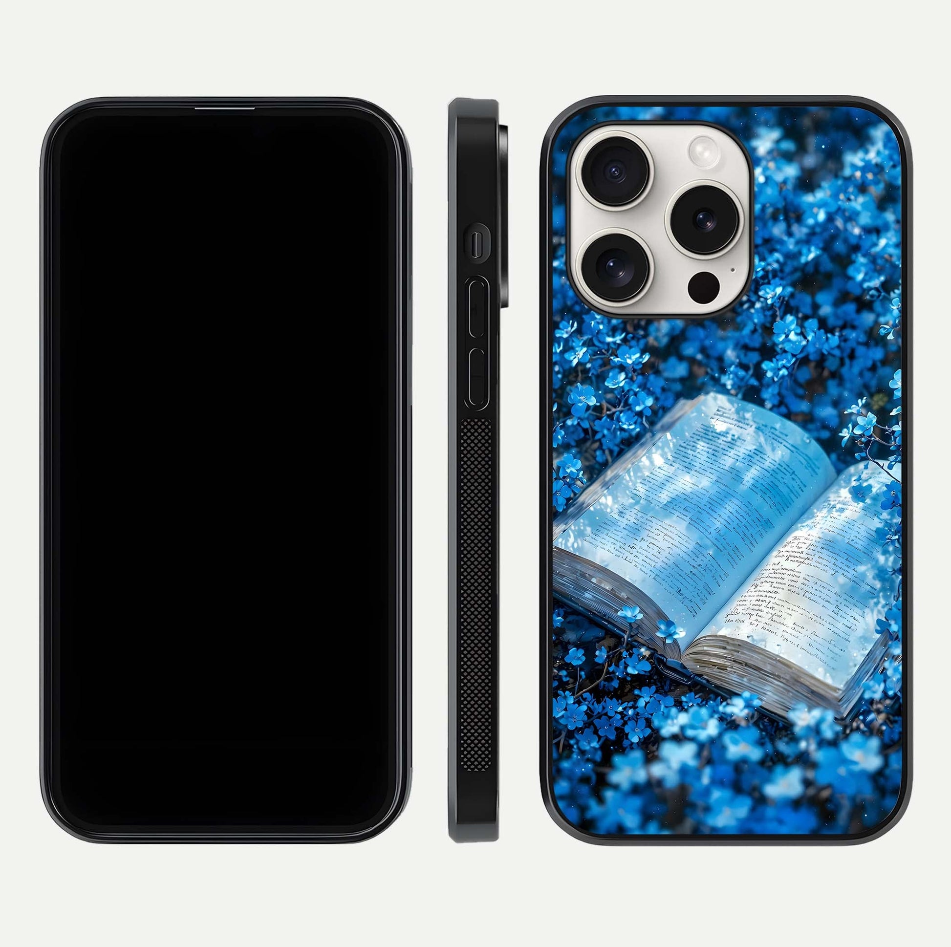 Blue Bloom Tales Glass Case for iPhone 15 Pro Max dual-view layout highlighting shine, floral print, and smooth edges