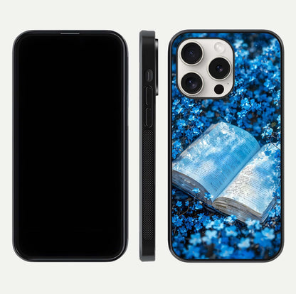 Blue Bloom Tales Glass Case for iPhone 15 Pro Max dual-view layout highlighting shine, floral print, and smooth edges