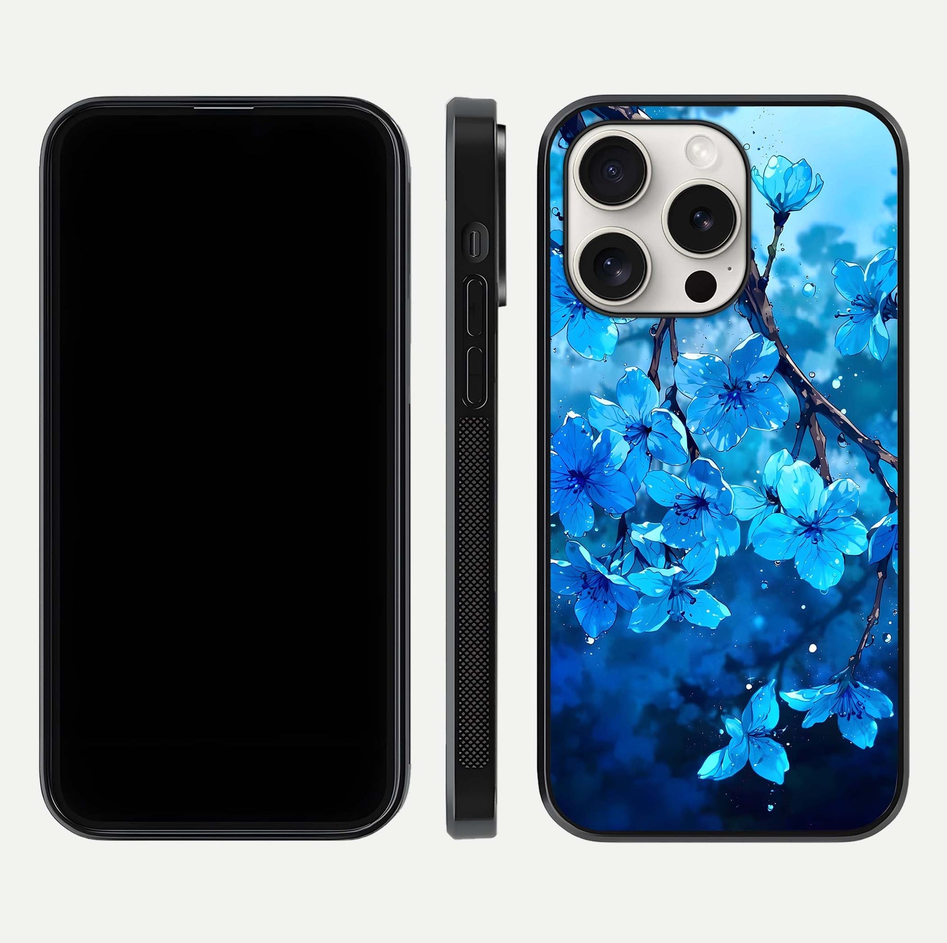 Blue Blossoms Branch Glass Case for iPhone 15 Pro Max dual-view layout displaying floral art and sleek protective frame