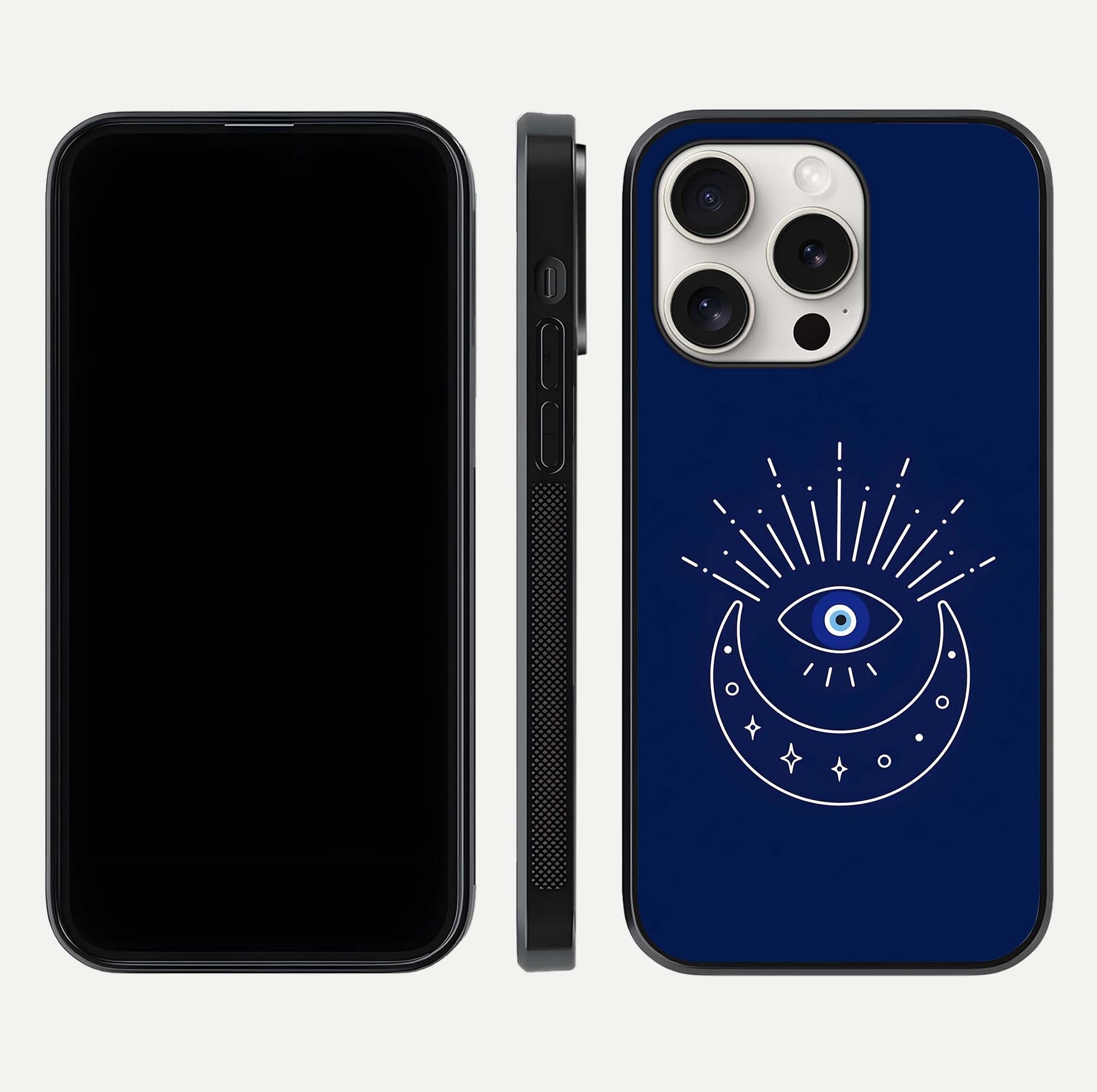 Blue Evil Eye Glass Case for iPhone 15 Pro Max front-and-back layout showing blue aura design and curved-edge clarity