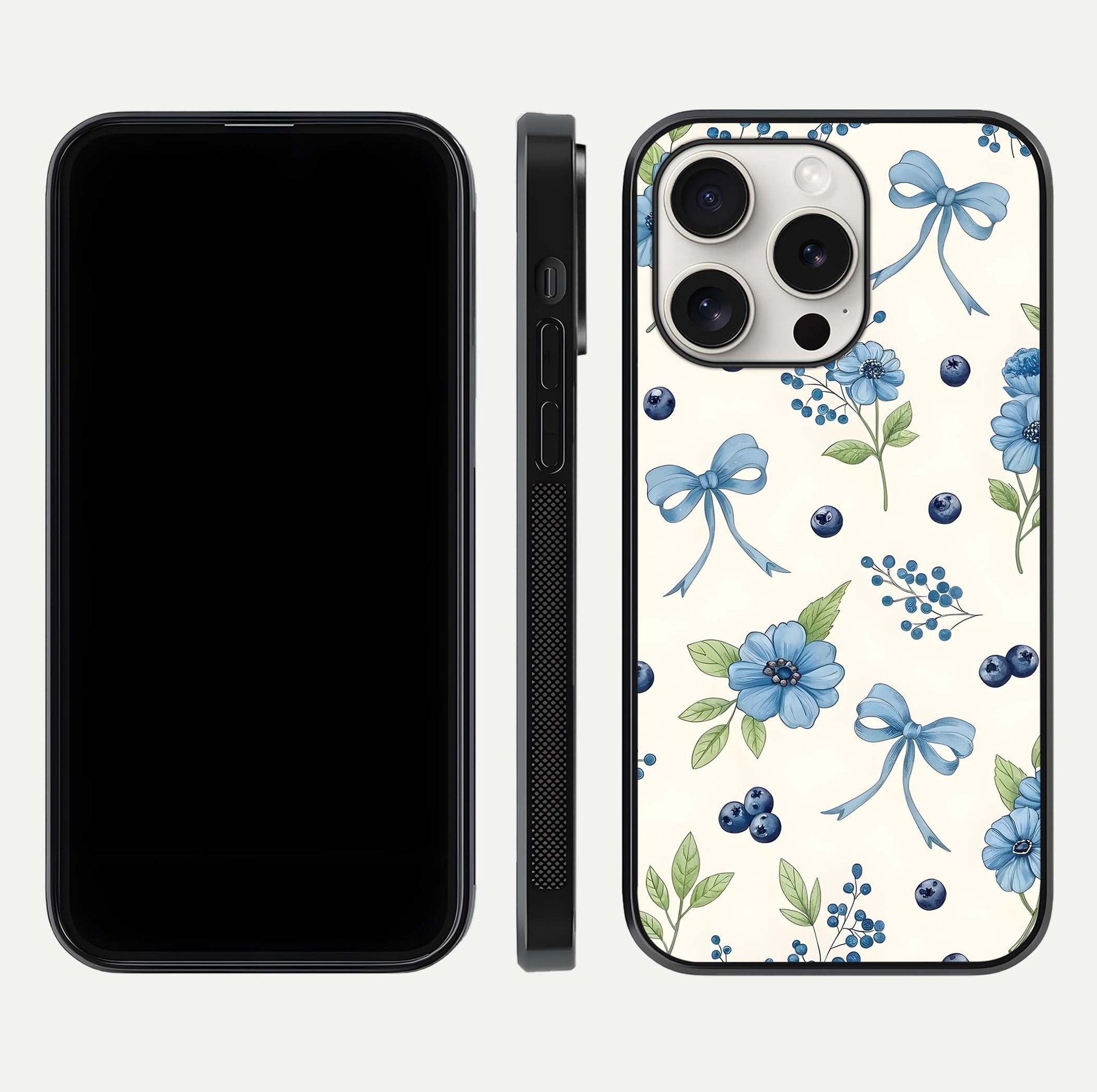 Blue Flower & Bow Glass Case for iPhone 15 Pro Max dual-view layout showing balanced pattern and smooth edges