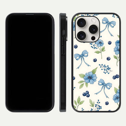 Blue Flower & Bow Glass Case for iPhone 15 Pro Max dual-view layout showing balanced pattern and smooth edges