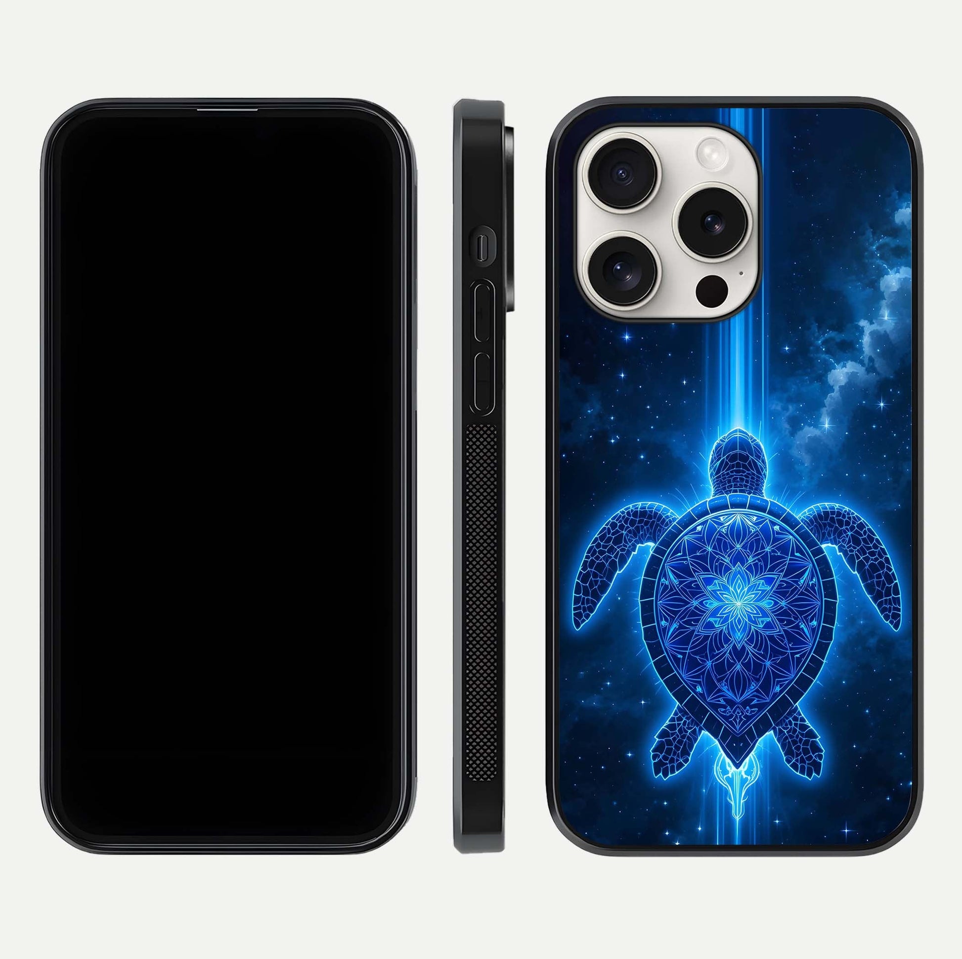 Blue Galaxy Turtle Glass Case for iPhone 15 Pro Max front-and-back layout highlighting cosmic art and reflective glass