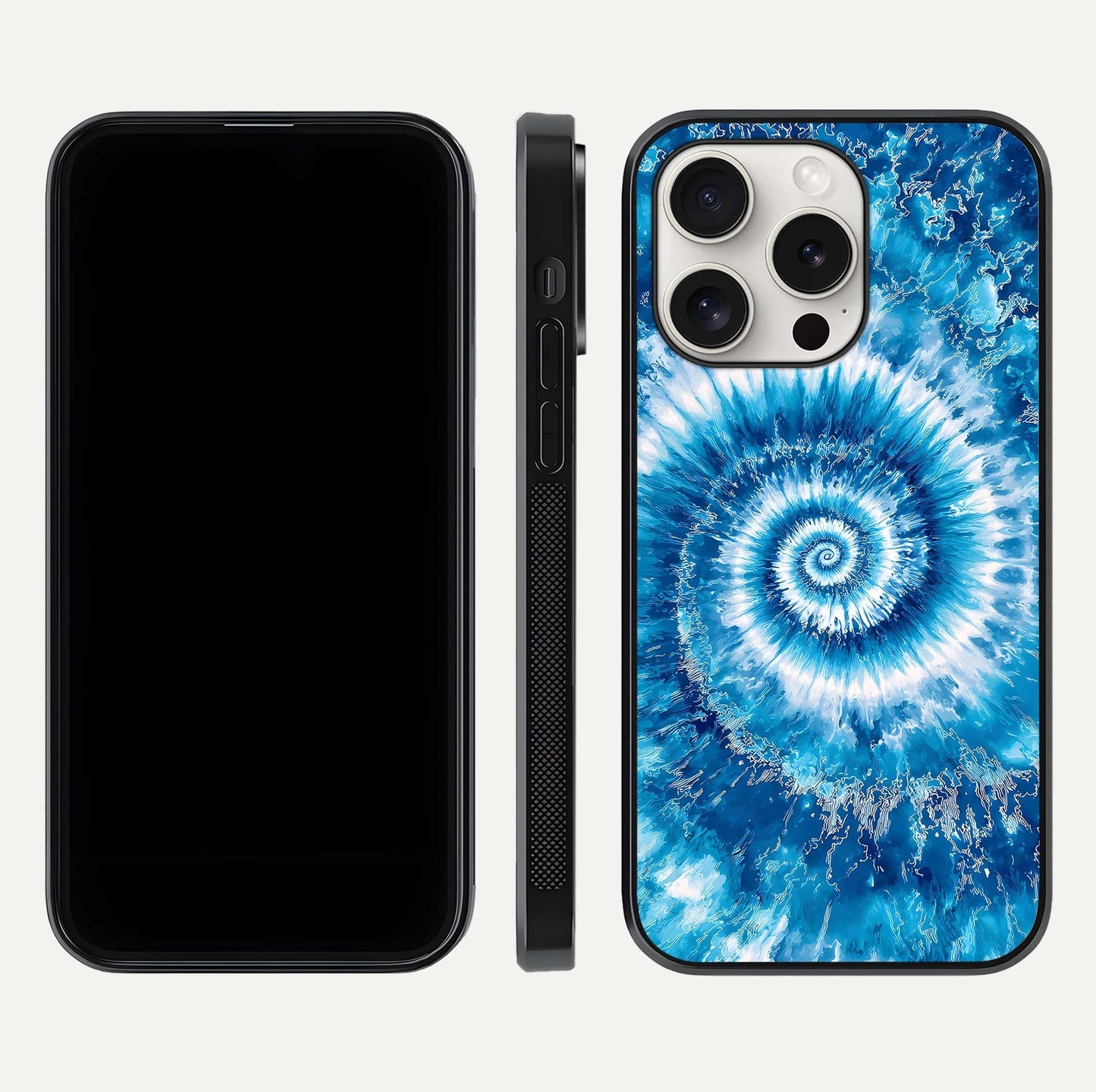 Blue Galaxy Wave Glass Case for iPhone 15 Pro Max front-and-back layout showing gradient flow and shine clarity