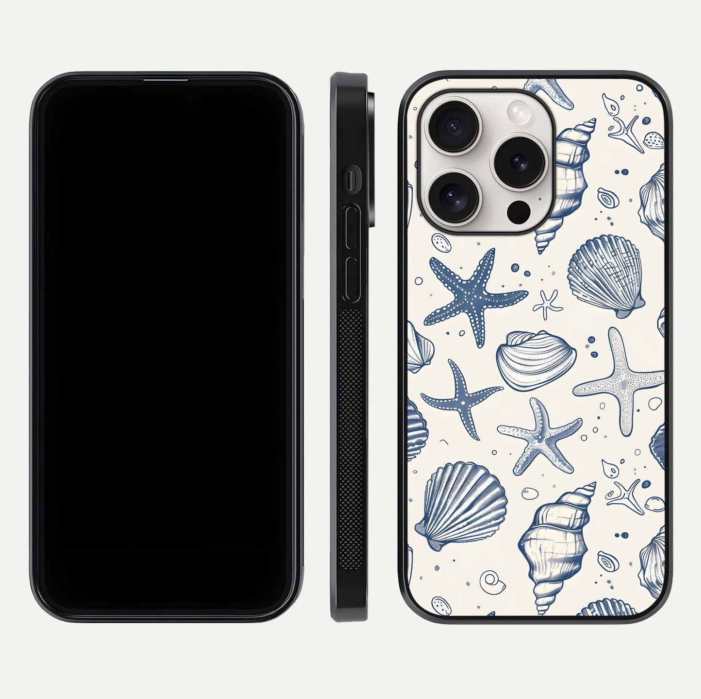 Blue Ocean Outline Glass Case for iPhone 15 Pro Max front-and-back layout showing minimal wave design and HD gloss