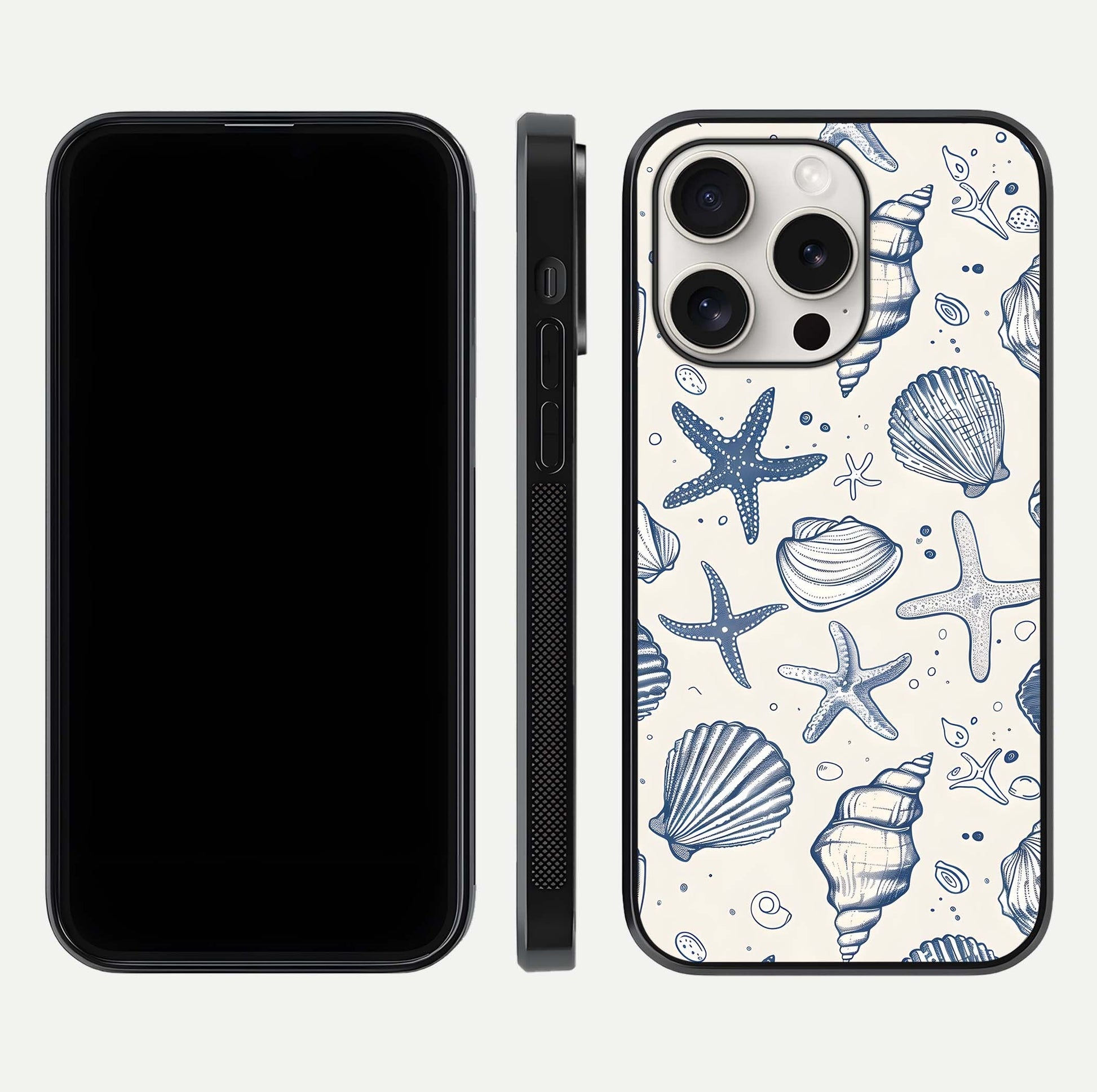 Blue Ocean Outline Glass Case for iPhone 15 Pro Max front-and-back layout showing minimal wave design and HD gloss