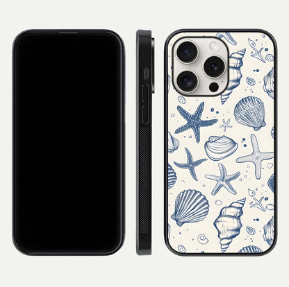 Blue Ocean Outline Glass Case for iPhone 15 Pro Max front-and-back layout showing minimal wave design and HD gloss