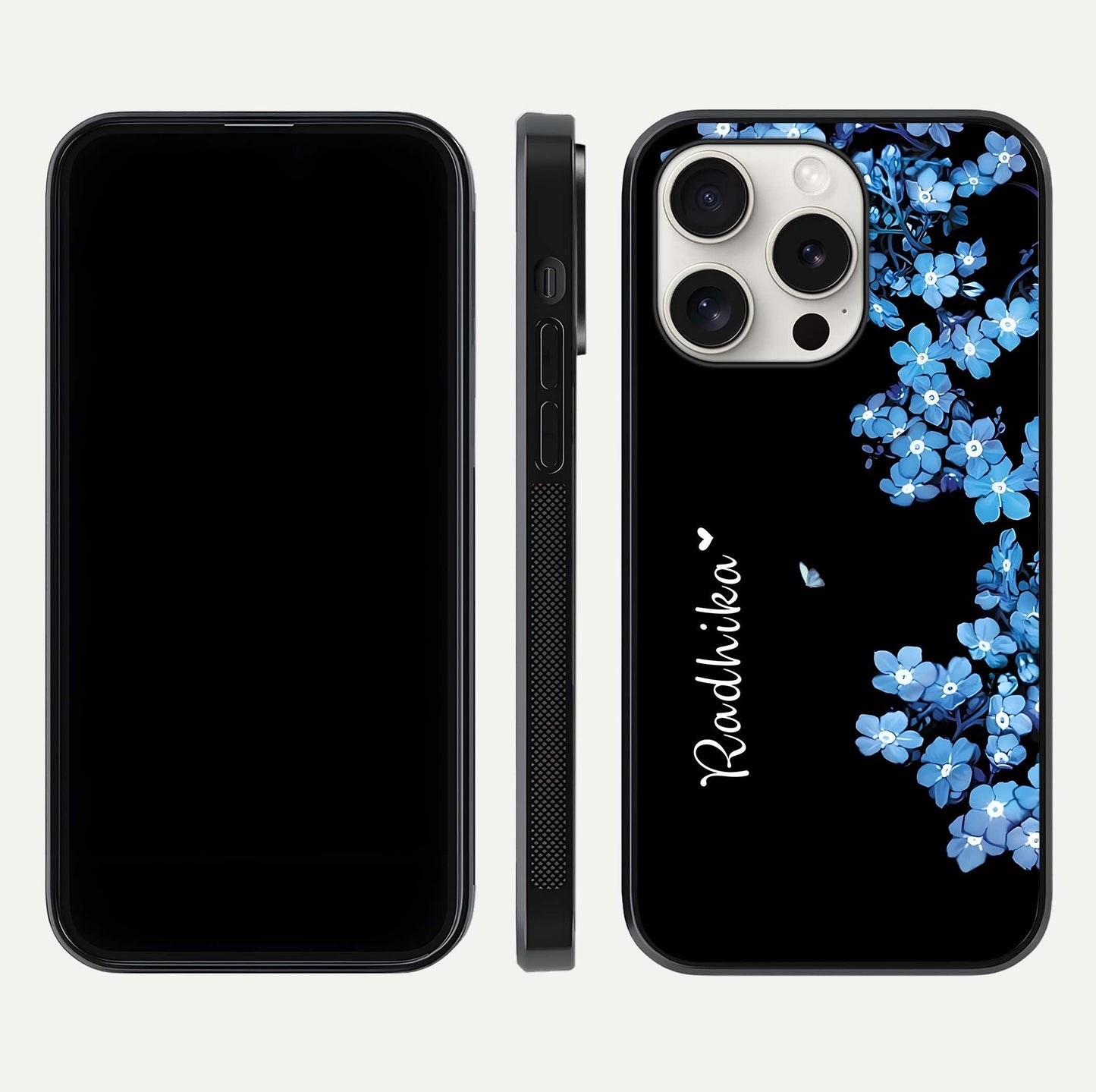 Blue Petal Dream Custom Name Glass Case for iPhone 15 Pro Max dual-view layout showing text placement and premium finish