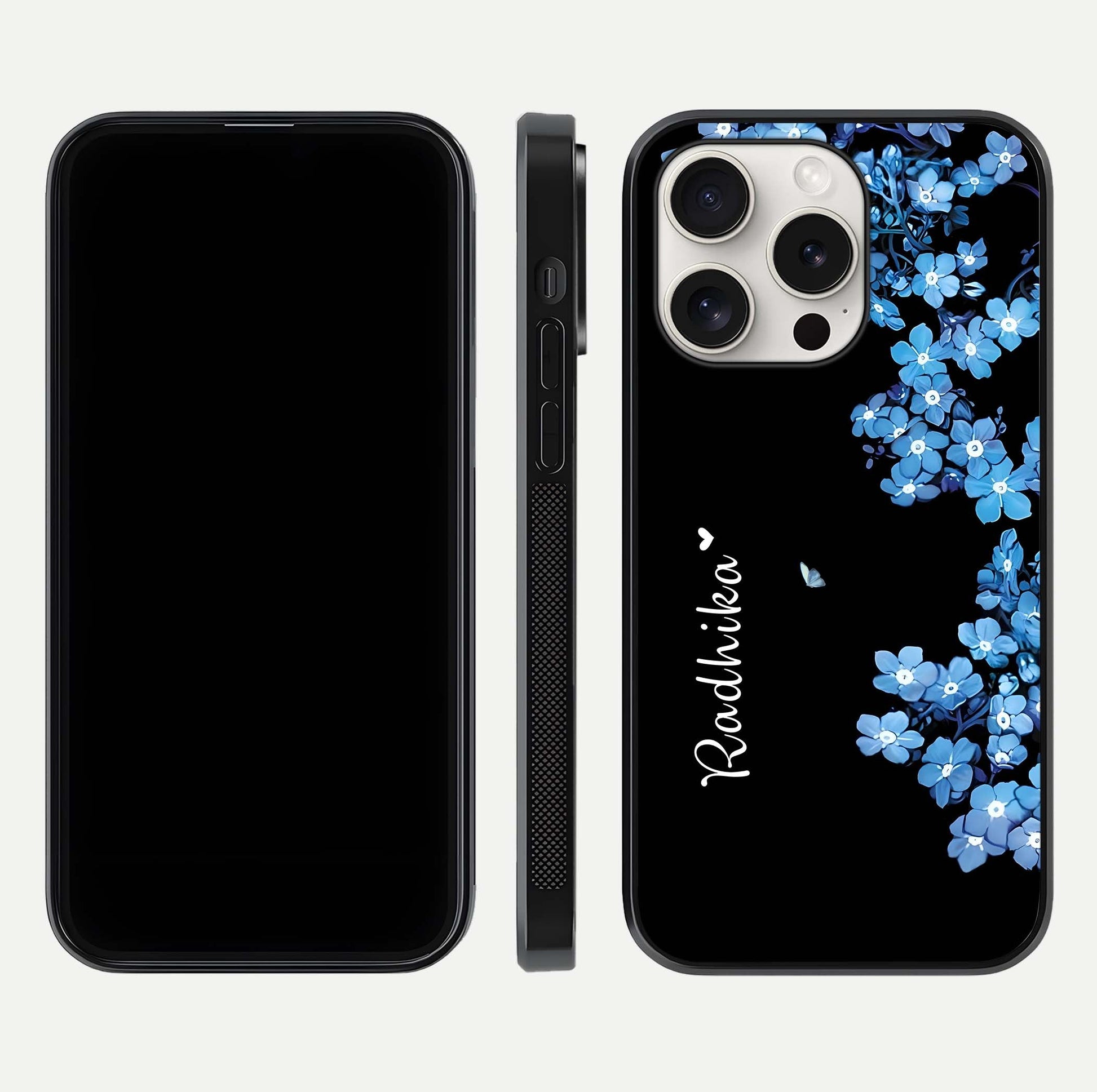 Blue Petal Dream Custom Name Glass Case for iPhone 15 Pro Max dual-view layout showing text placement and premium finish