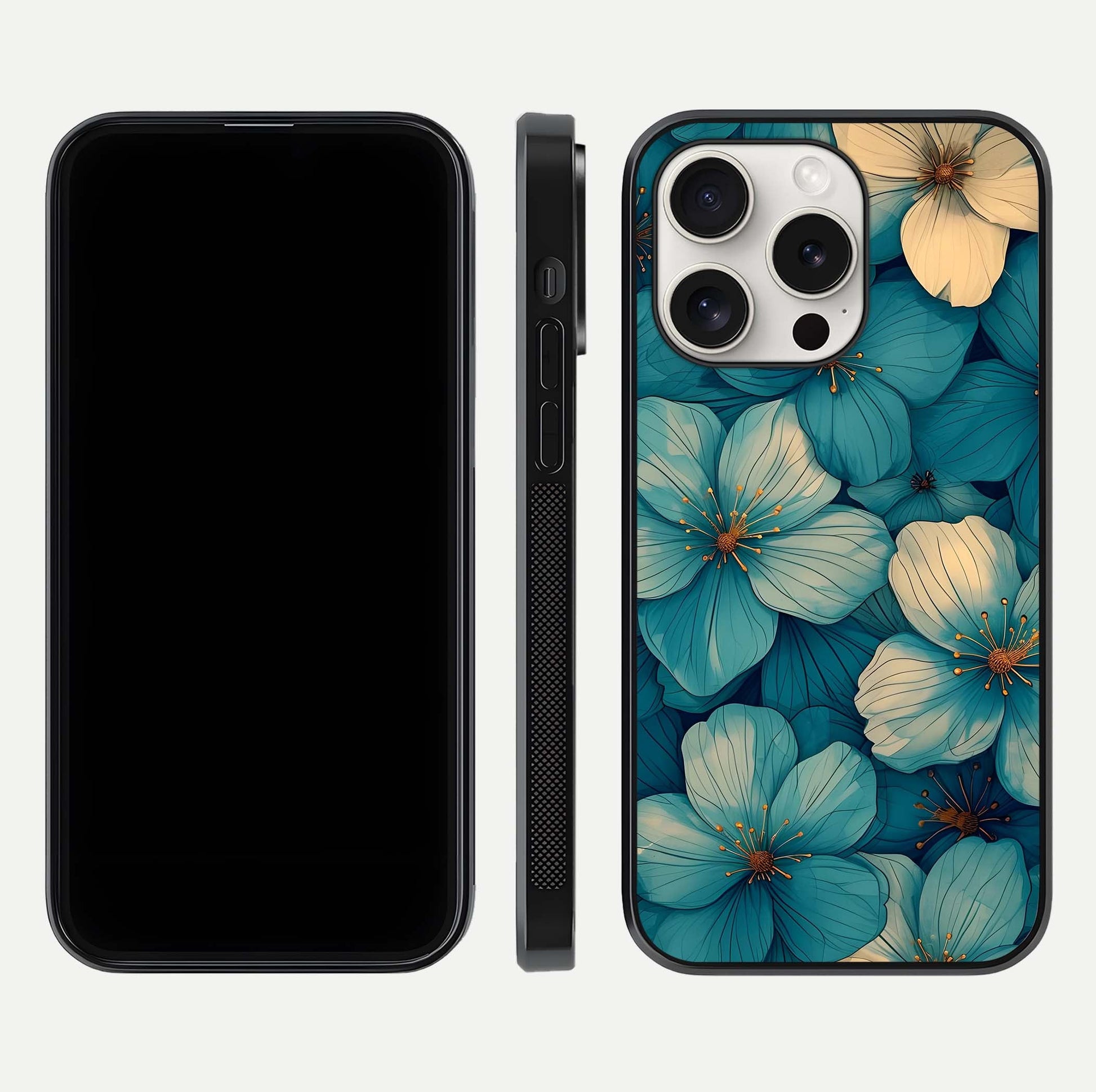 Blue Shade Floral Glass Case for iPhone 15 Pro Max front-and-back layout displaying bloom contrast and edge polish