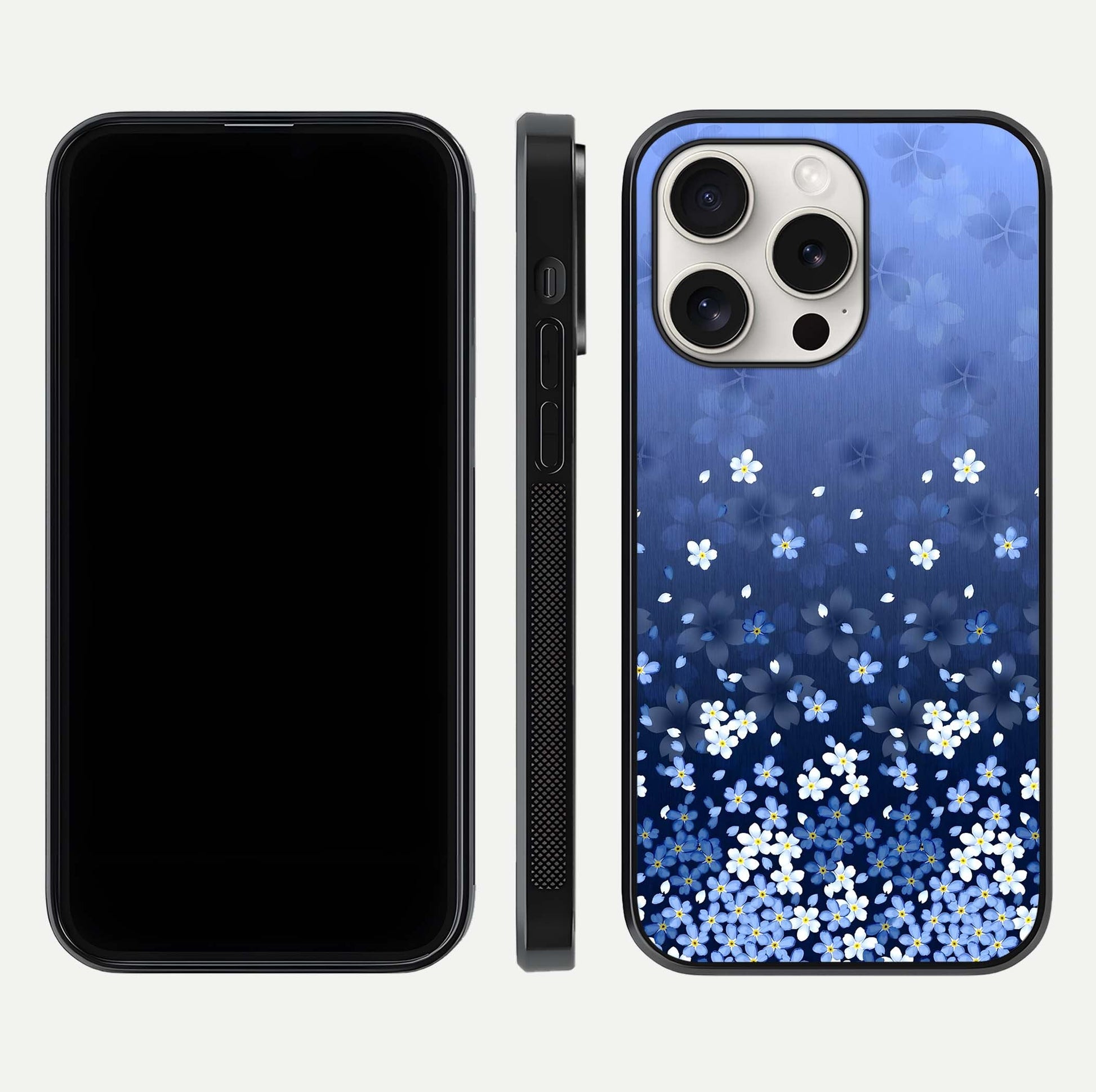 Blue Starry Glass Case for iPhone 15 Pro Max dual-view layout showing star spread and smooth edge shine