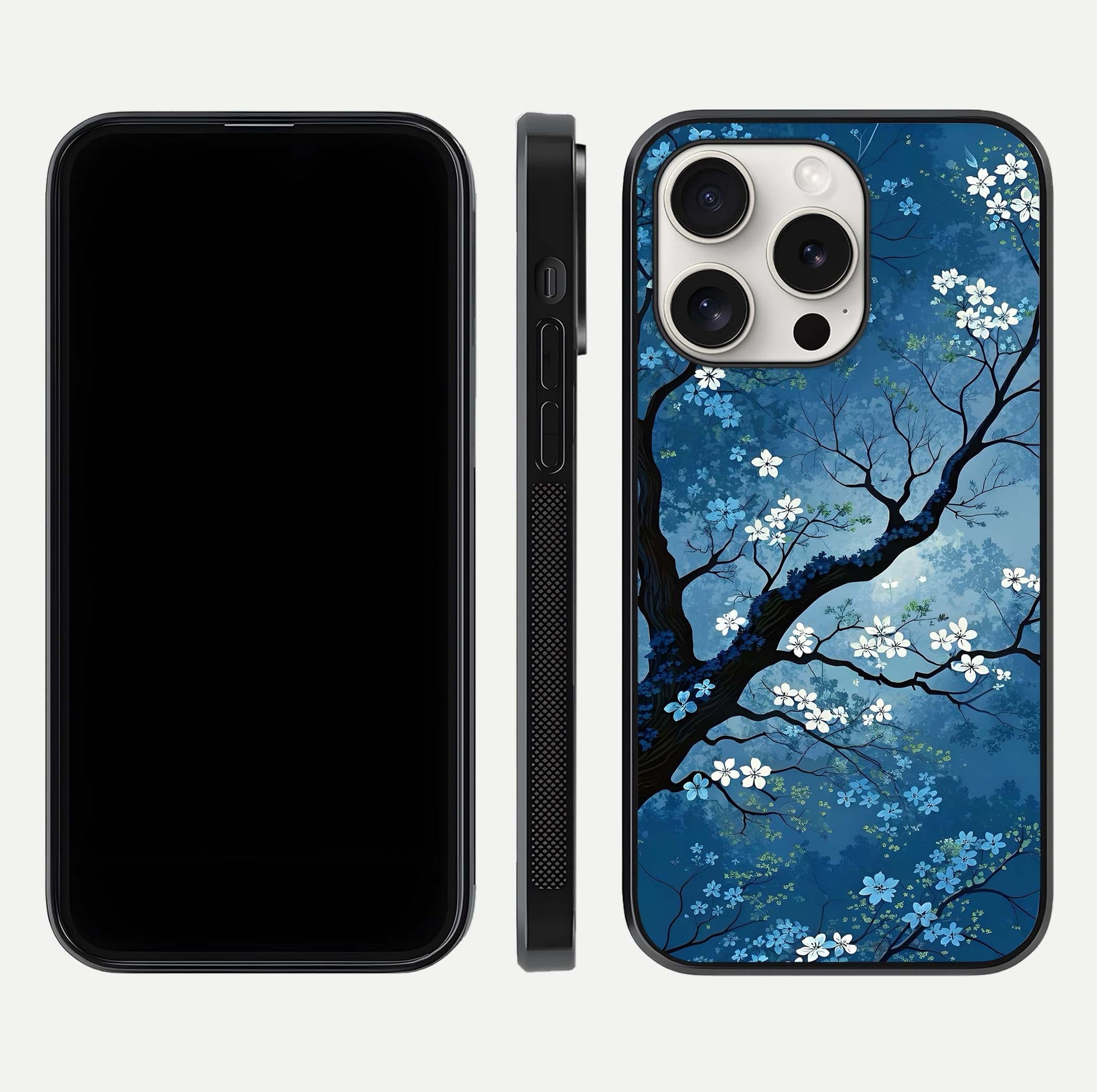 Blue Tree Serenity Glass Case for iPhone 15 Pro Max front-and-back layout showing gradient background and smooth edges