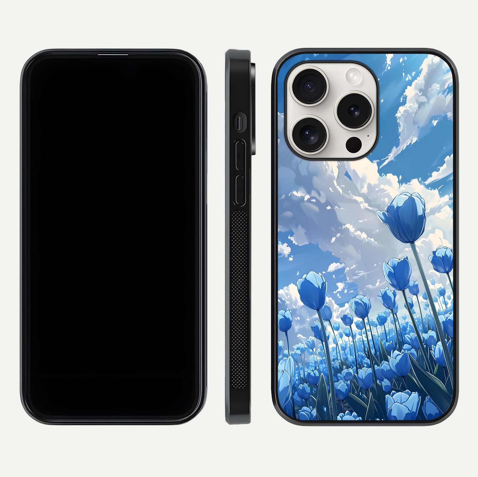 Blue Tulip Clouds Glass Case for iPhone 15 Pro Max front-and-back layout showcasing floral detail and polished edges